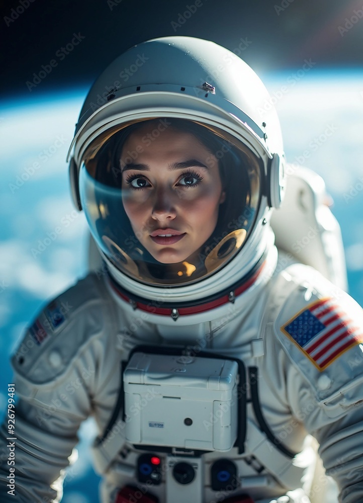 A fully equipped astronaut inside a space station, with Earth visible in the background.