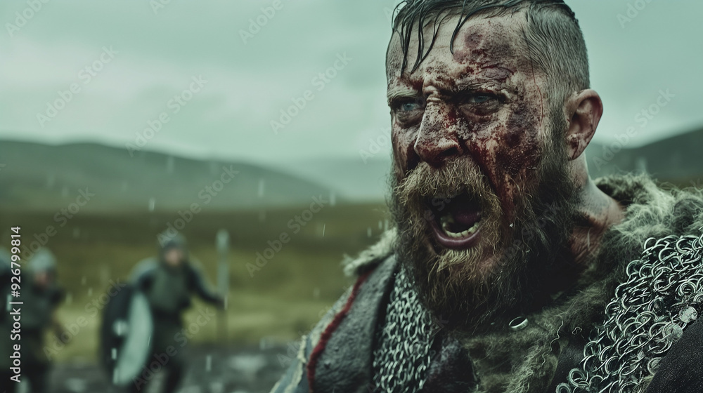 A bloodied Viking warrior screams in battle during rain. A bloodied Viking warrior screams in battle during rain.