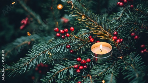 A small candle is lit on a christmas tree, AI
