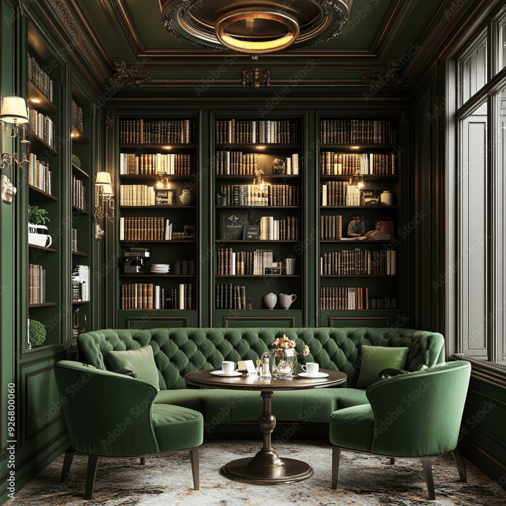 a library attached to a tea room of british luxury brand a library attached to a tea room of british luxury brand