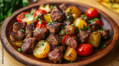 fries with tomatoes and potatoes and fried liver cubes Named Arnavut Cigeri in Turkish Albanian liver is a traditional meal in Turkey. photo