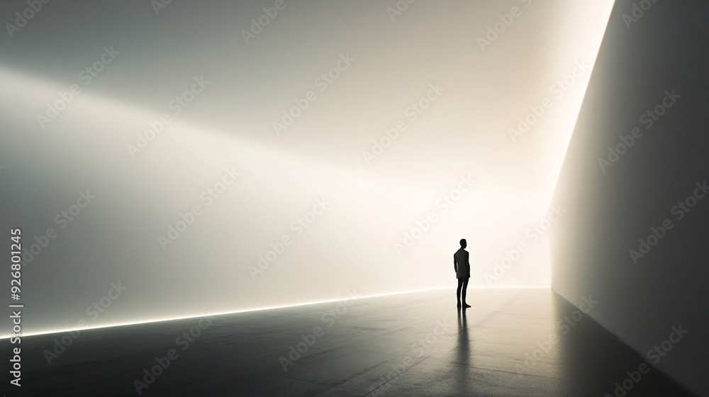 minimalist, contemporary, a figure standing before an immense horizontal dramatic light band, high-definition digital photography, wide-angle lens, positioned low, minimalist, contemporary, a figure standing before an immense horizontal dramatic light band, high-definition digital photography, wide-angle lens, positioned low,