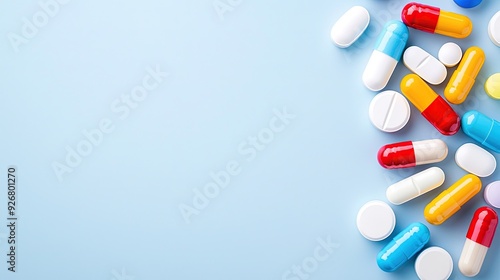 Colorful Pills in Disarray on Blue Background