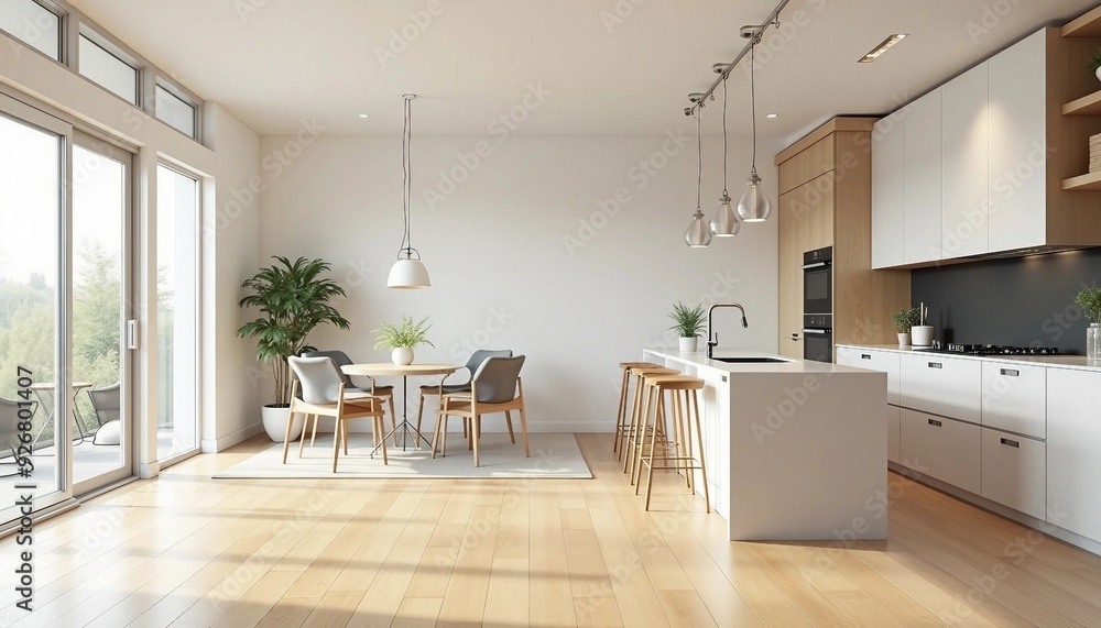Fototapeta premium Elegant kitchen with a central island and warm wooden floors, bathed in natural light, showcasing modern decor.