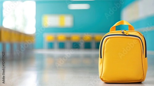 Yellow Backpack on Blue Wall Scene