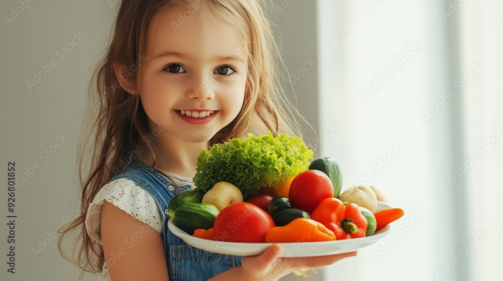 Girl holding a plate with organic vegetables. Healthy nutrition for children Girl holding a plate with organic vegetables. Healthy nutrition for children