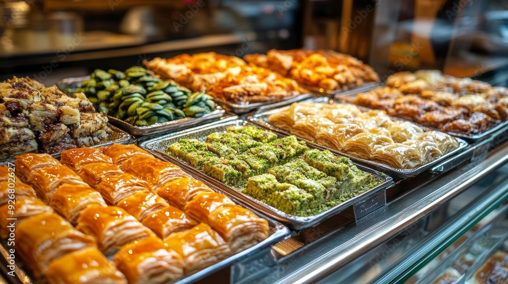 Different varieties of baklava on trays, including those with kadayif, walnuts, hazelnuts, and pictachios.Turkish sherbet desserts that are customary Different varieties of baklava on trays, including those with kadayif, walnuts, hazelnuts, and pictachios.Turkish sherbet desserts that are customary