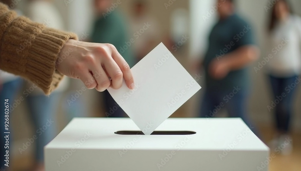 A hand deposits a voting ballot into a ballot box, captured with a shallow depth of field that blurs the busy polling place in the background.
A hand deposits a voting ballot into a ballot box, captured with a shallow depth of field that blurs the busy polling place in the background.