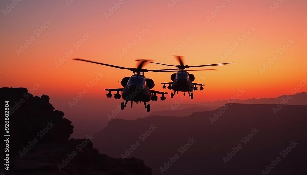Two attack helicopters fly in sync over a desert at dusk, silhouetted against an orange sky, with depth of field and sunset lighting enhancing the dramatic scene.
Two attack helicopters fly in sync over a desert at dusk, silhouetted against an orange sky, with depth of field and sunset lighting enhancing the dramatic scene.