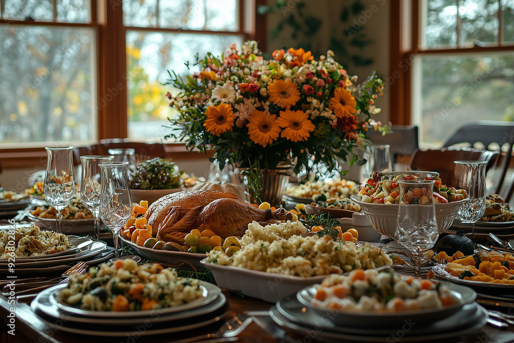 A family gathered around a beautifully set dining table, celebrating Thanksgiving with traditional dishes and heartfelt moments. A family gathered around a beautifully set dining table, celebrating Thanksgiving with traditional dishes and heartfelt moments.