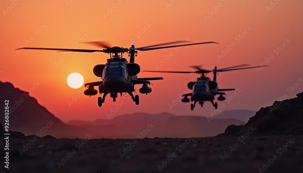 Two attack helicopters fly in sync over a desert at dusk, silhouetted against an orange sky, with depth of field and sunset lighting enhancing the dramatic scene.
Two attack helicopters fly in sync over a desert at dusk, silhouetted against an orange sky, with depth of field and sunset lighting enhancing the dramatic scene.