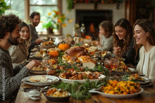 A family gathered around a beautifully set dining table, celebrating Thanksgiving with traditional dishes and heartfelt moments.