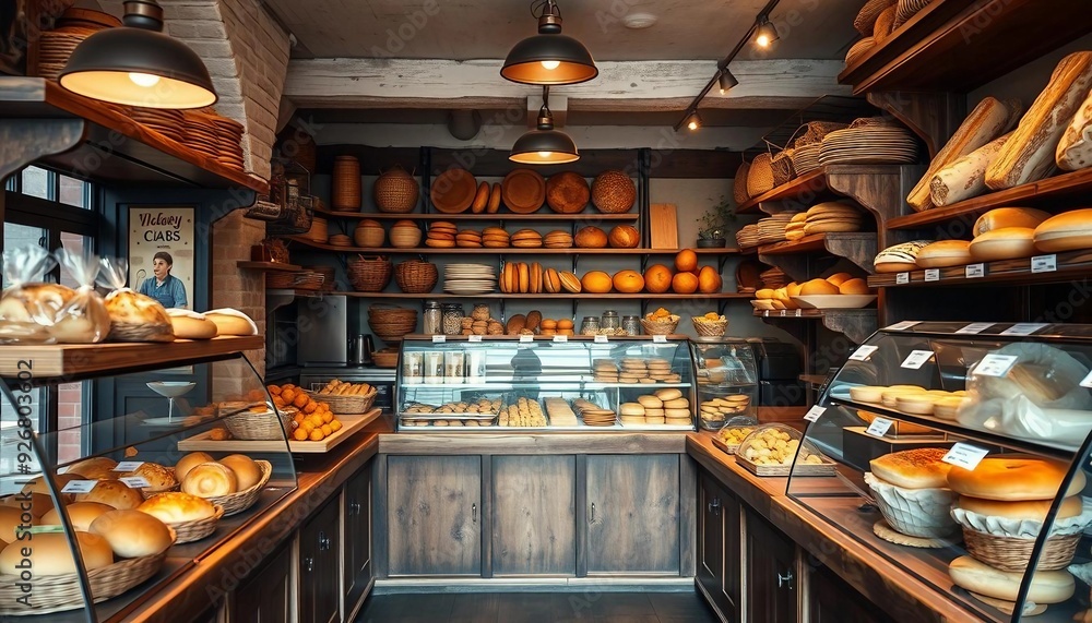 Interior of a traditional bakery with freshly baked bread and pastries on rustic wooden counters. Detailed textures and colors create a welcoming, appetizing atmosphere.
Interior of a traditional bakery with freshly baked bread and pastries on rustic wooden counters. Detailed textures and colors create a welcoming, appetizing atmosphere.