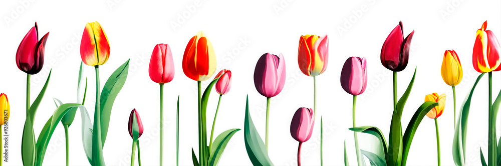 Bright pink tulips arranged in a pattern on a white background. Concept of spring, floral beauty, and elegance. Suitable for seasonal promotions, floral decor, greeting cards, and botanical-themed Bright pink tulips arranged in a pattern on a white background. Concept of spring, floral beauty, and elegance. Suitable for seasonal promotions, floral decor, greeting cards, and botanical-themed