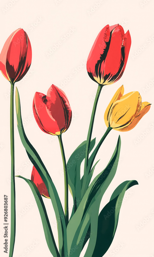Minimalistic illustration of red and yellow tulips on a light background. Concept of springtime, nature, and beauty, suitable for greeting cards, home decor, floral shops, and seasonal marketing. Minimalistic illustration of red and yellow tulips on a light background. Concept of springtime, nature, and beauty, suitable for greeting cards, home decor, floral shops, and seasonal marketing.
