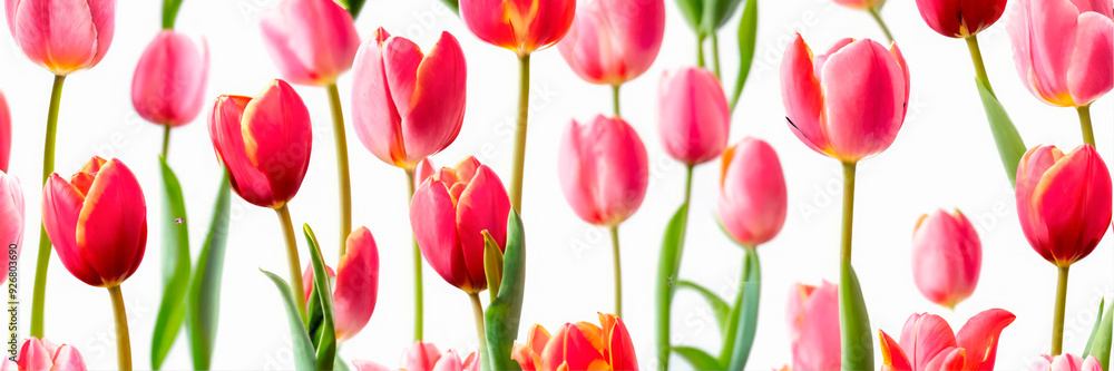 Bright pink tulips arranged in a pattern on a white background. Concept of spring, floral beauty, and elegance. Suitable for seasonal promotions, floral decor, greeting cards, and botanical-themed 
