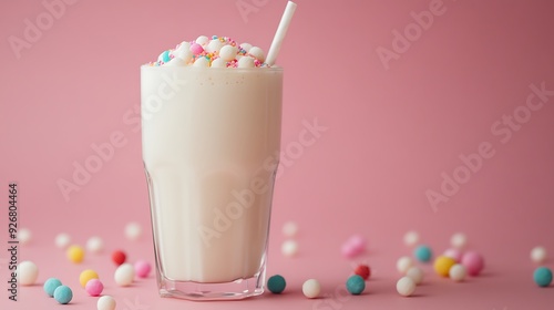 A milkshake with a straw, topped with colorful sprinkles and white balls, on a pink background with scattered white, yellow, blue, and pink balls.