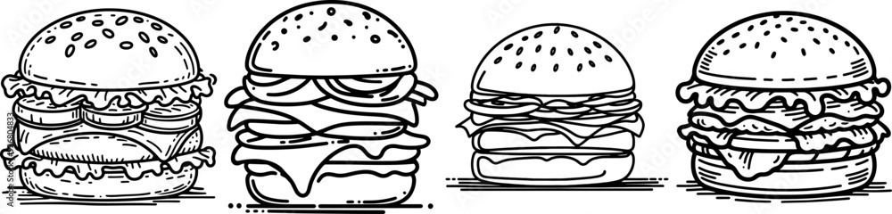 set of black and white burgers illustrations set of black and white burgers illustrations