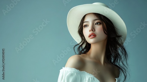 Studio shot of a woman with long black hair, wearing a white hat and makeup, highlighting her delicate skin and refined beauty.