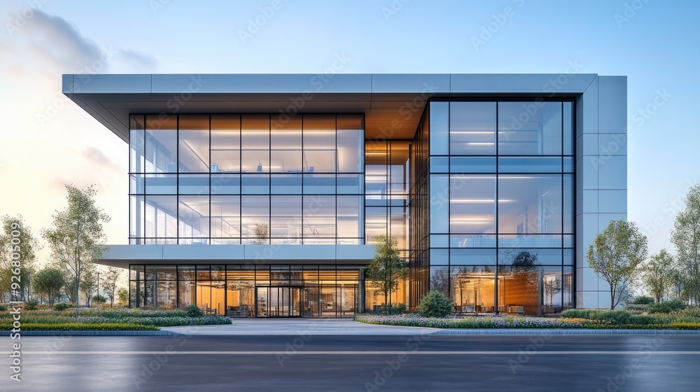 Modern Glass Office Building with a Road in Front Modern Glass Office Building with a Road in Front