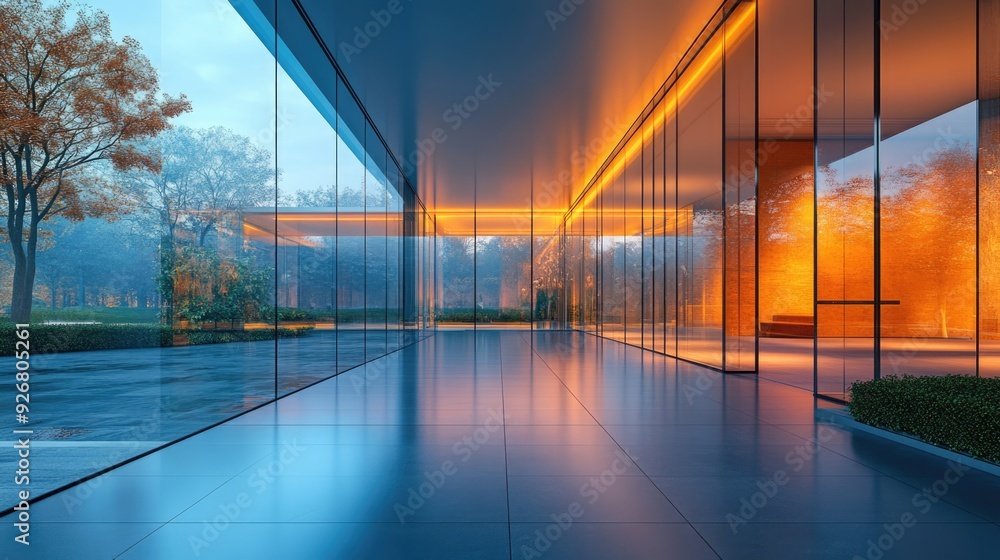 Modern Glass Building Interior With Warm Lighting Modern Glass Building Interior With Warm Lighting