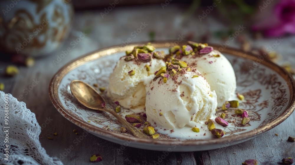Customary ice cream in Turkey On a porcelain plate, maras with sliced pistachios, chocolate, milk, and pistachios Customary ice cream in Turkey On a porcelain plate, maras with sliced pistachios, chocolate, milk, and pistachios