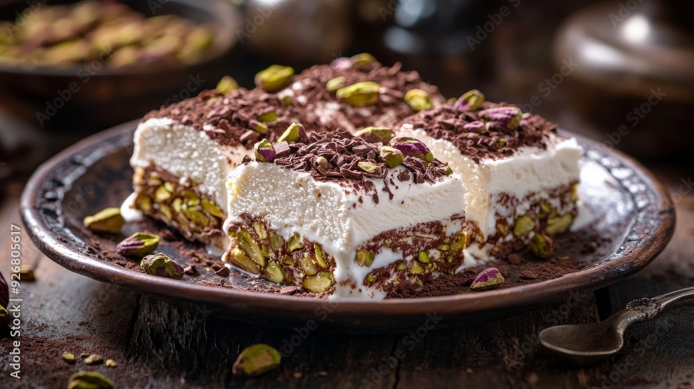Customary ice cream in Turkey On a porcelain plate, maras with sliced pistachios, chocolate, milk, and pistachios Customary ice cream in Turkey On a porcelain plate, maras with sliced pistachios, chocolate, milk, and pistachios