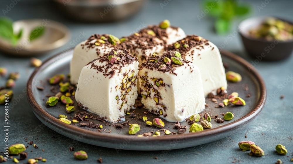 Customary ice cream in Turkey On a porcelain plate, maras with sliced pistachios, chocolate, milk, and pistachios Customary ice cream in Turkey On a porcelain plate, maras with sliced pistachios, chocolate, milk, and pistachios