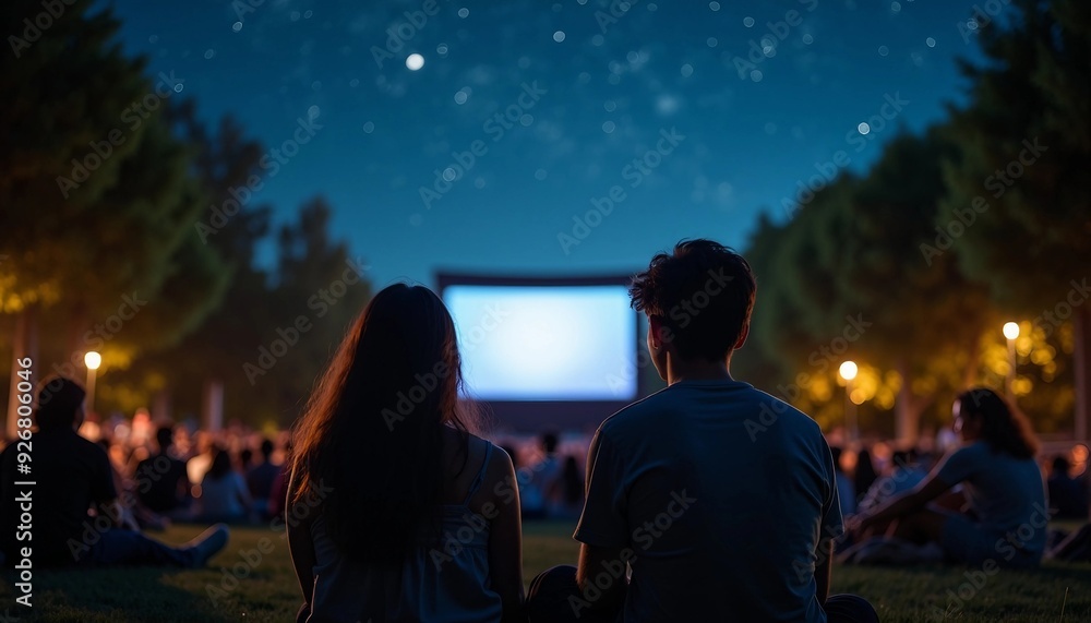 Families and couples watching a movie on an outdoor screen, viewed from behind. Families and couples watching a movie on an outdoor screen, viewed from behind.