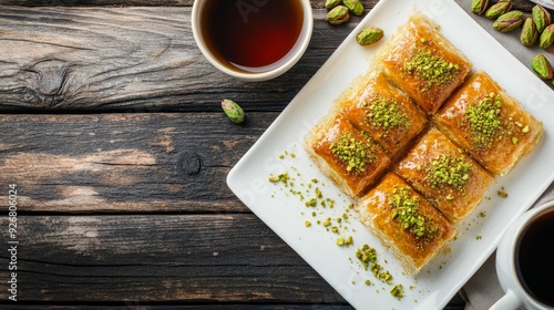 Dessert: Turkish Pistachio Wrap Baklava, Leziz Baklava, fistik sarma, fÃ„Â±stÃ„Â±klÃ„Â± dolama, and peanut dessert are examples of traditional Turkish desserts. photo