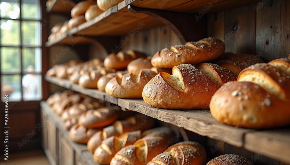 Interior of a traditional bakery with freshly baked bread and pastries on rustic wooden counters, showcasing textures and colors for a welcoming atmosphere.
Interior of a traditional bakery with freshly baked bread and pastries on rustic wooden counters, showcasing textures and colors for a welcoming atmosphere.