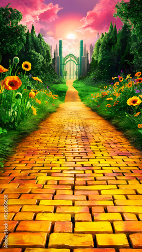 Yellow brick road to a green iron wrought gate and paved by sunflowers painting