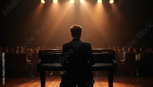 Back view of a pianist on stage with spotlight, creating dramatic shadows against a blurred background.