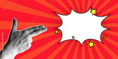 Template for vintage pop art banner, speech bubble, explosion in a comic style, empty space for text. Halftone collage, hand gesture in the shape of a revolver, two fingers, red background.