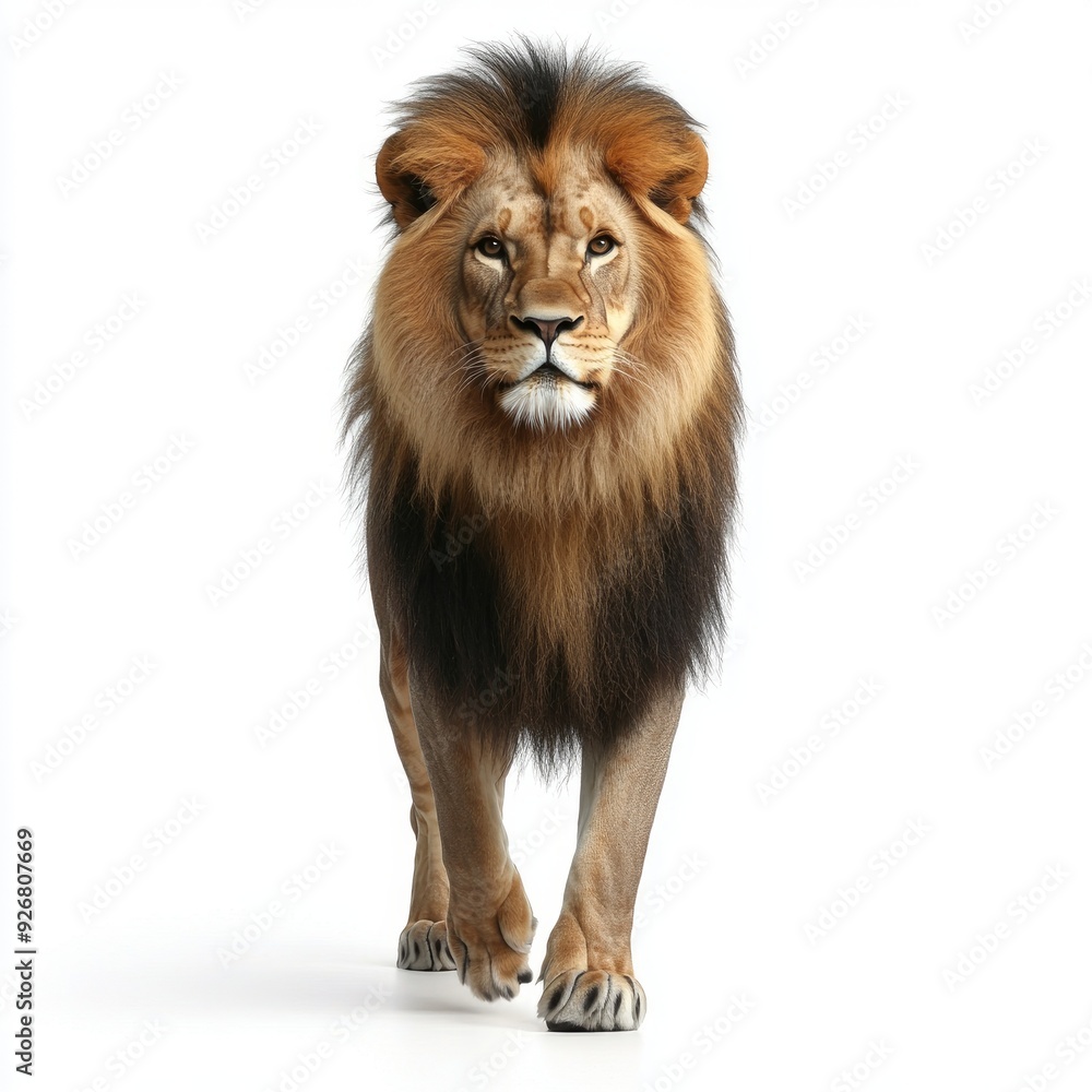 Majestic lion with a full mane, standing proudly and looking into the distance, isolated on a white background Majestic lion with a full mane, standing proudly and looking into the distance, isolated on a white background