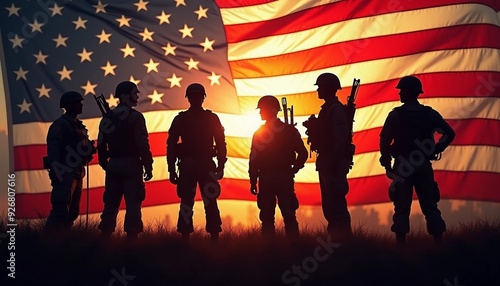 Silhouettes of American soldiers stand before a large, illuminated flag, symbolizing strength and pride. photo