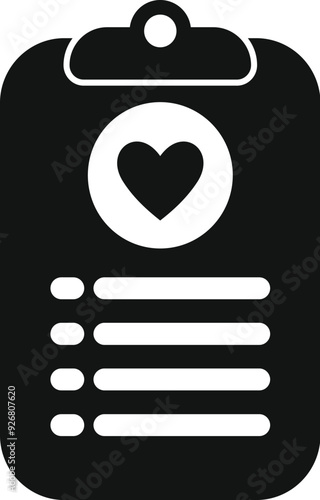 Black and white vector illustration of a clipboard showing medical test results with a heart shape icon