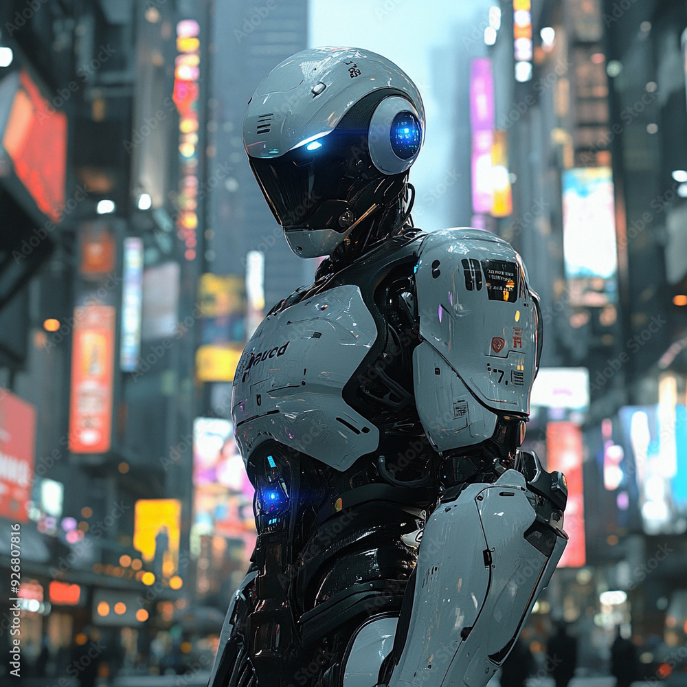 A robot police officer patrolling a high-tech city.