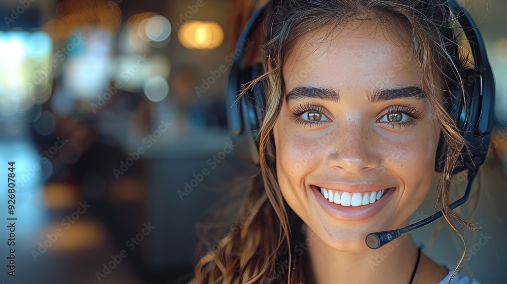 Happy, Confident Customer Service Representative Smiling with Headset in a Busy Office Setting Happy, Confident Customer Service Representative Smiling with Headset in a Busy Office Setting