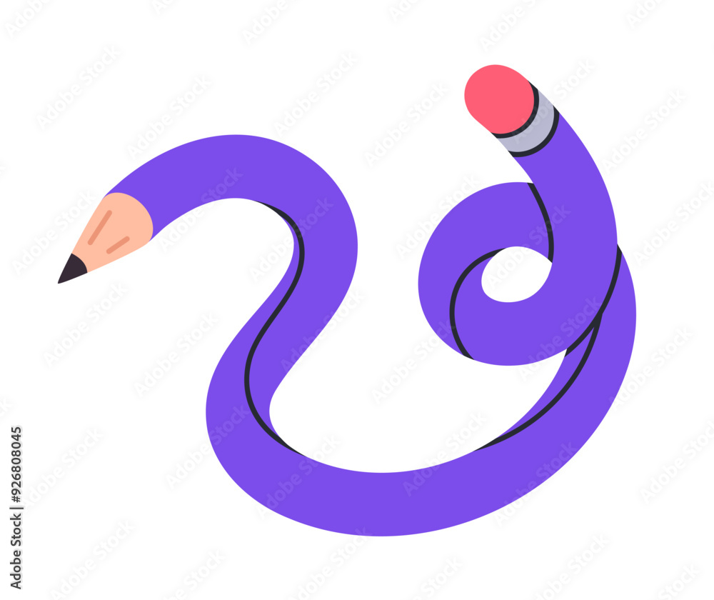Curved pencil. Twisted funny intertwined simple pencil, cute school supply isolated flat vector illustration. Hand drawn funky twisted pencil on white Curved pencil. Twisted funny intertwined simple pencil, cute school supply isolated flat vector illustration. Hand drawn funky twisted pencil on white