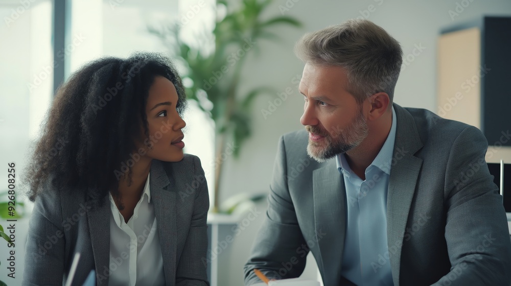 Caucasian businessman discussing business strategy with biracial businesswoman Caucasian businessman discussing business strategy with biracial businesswoman