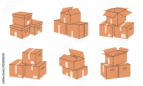 Moving boxes. Stacked cardboard boxes, cargo warehouse box piles, delivery containers stack flat vector illustration set. Hand drawn boxes collection