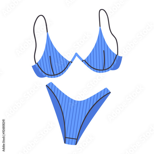 Stylish female bikini. Colorful swimming wear, bra and panty, womens beach fashion swimwear flat vector illustration. Cartoon summer female bikini