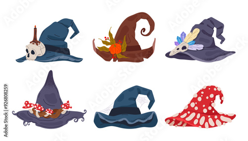 Witch Halloween hats. Halloween trick or treat october party magician costume elements, spooky pointy wizard hats flat vector illustration set. Hand drawn magician hats collection