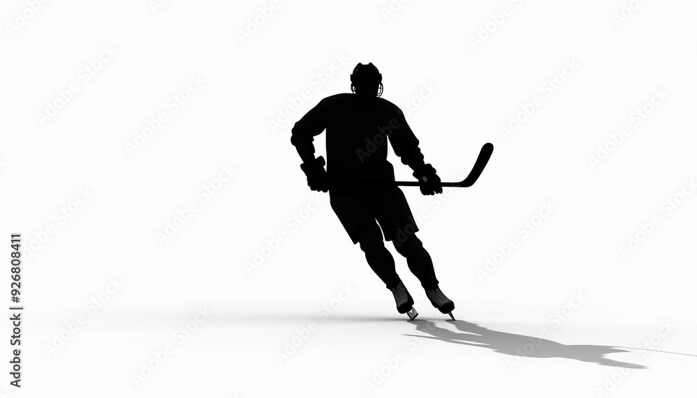 Obraz premium Strong silhouette of a hockey player on a white background, with subtle shadow play to highlight shape and form. Simple, versatile composition allows easy text addition.