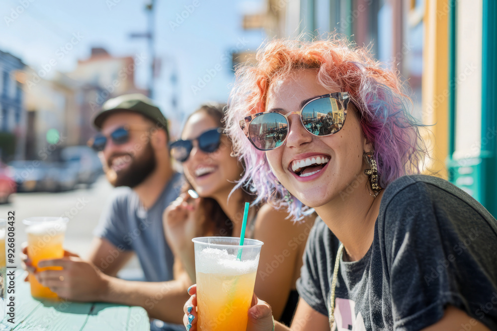 Friends Enjoying Refreshing Drinks Outdoors Friends Enjoying Refreshing Drinks Outdoors