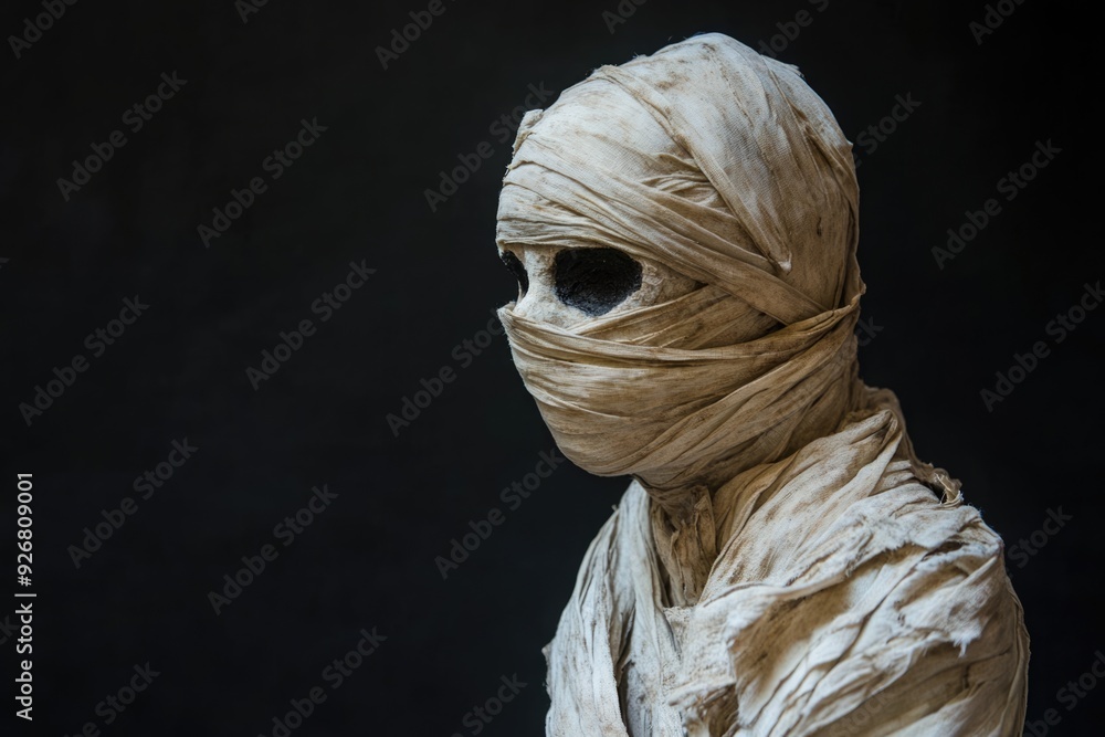Close-up of a Mummy's Face Wrapped in White Linen Bandages Against a Dark Background Close-up of a Mummy's Face Wrapped in White Linen Bandages Against a Dark Background