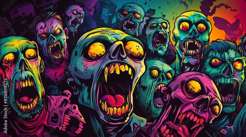 Zombies screaming in fear with vibrant colors and dark background – Halloween comic book style Zombies screaming in fear with vibrant colors and dark background – Halloween comic book style