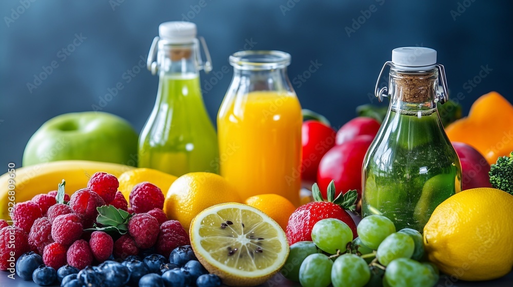 fruits on the background of jars with juice, healthy eating and lifestyle fruits on the background of jars with juice, healthy eating and lifestyle