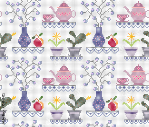 Seamless crochet and  cross stitch kitchen pattern with tea pot , vase and flowers
